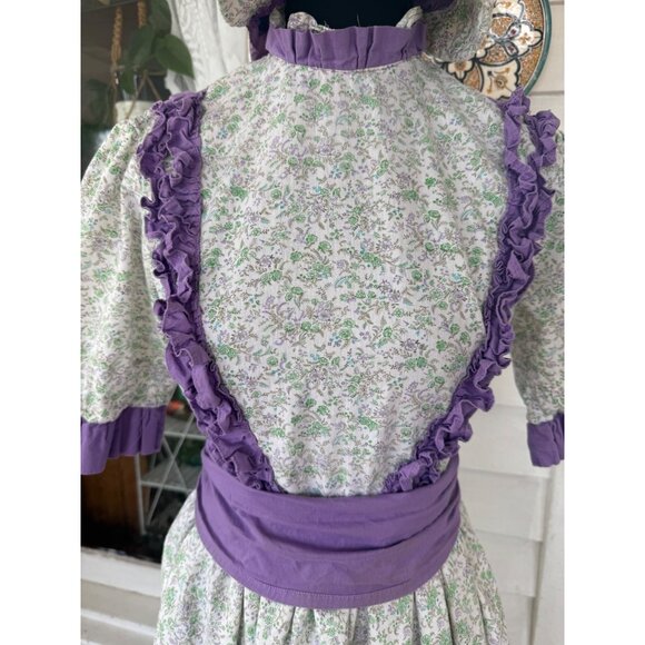 Vintage 70's Cotton Floral Purple Flower Dress With Matching Bonnet Sz M - Picture 8 of 16